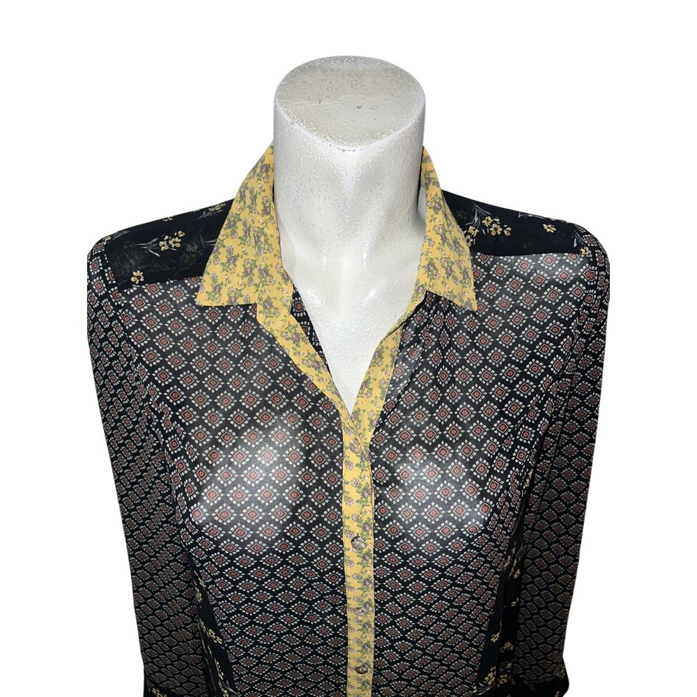 DR2 Womens Small Mixed Print Button Up Blouse Black Yellow Floral Geometric Top - Picture 2 of 10
